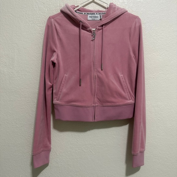 Juicy Couture Tops - Juicy Couture Pink Velour Rhinestone Logo Zip Up Hoodie XS RN114186 Y2K Cropped‎
